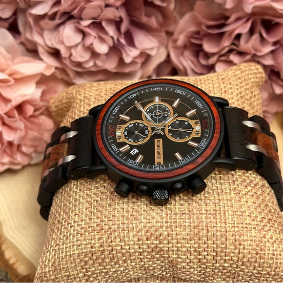 Luxury Amaranth & Ebony Wood Chronograph Military Quartz Watch - Picture 9 of 15